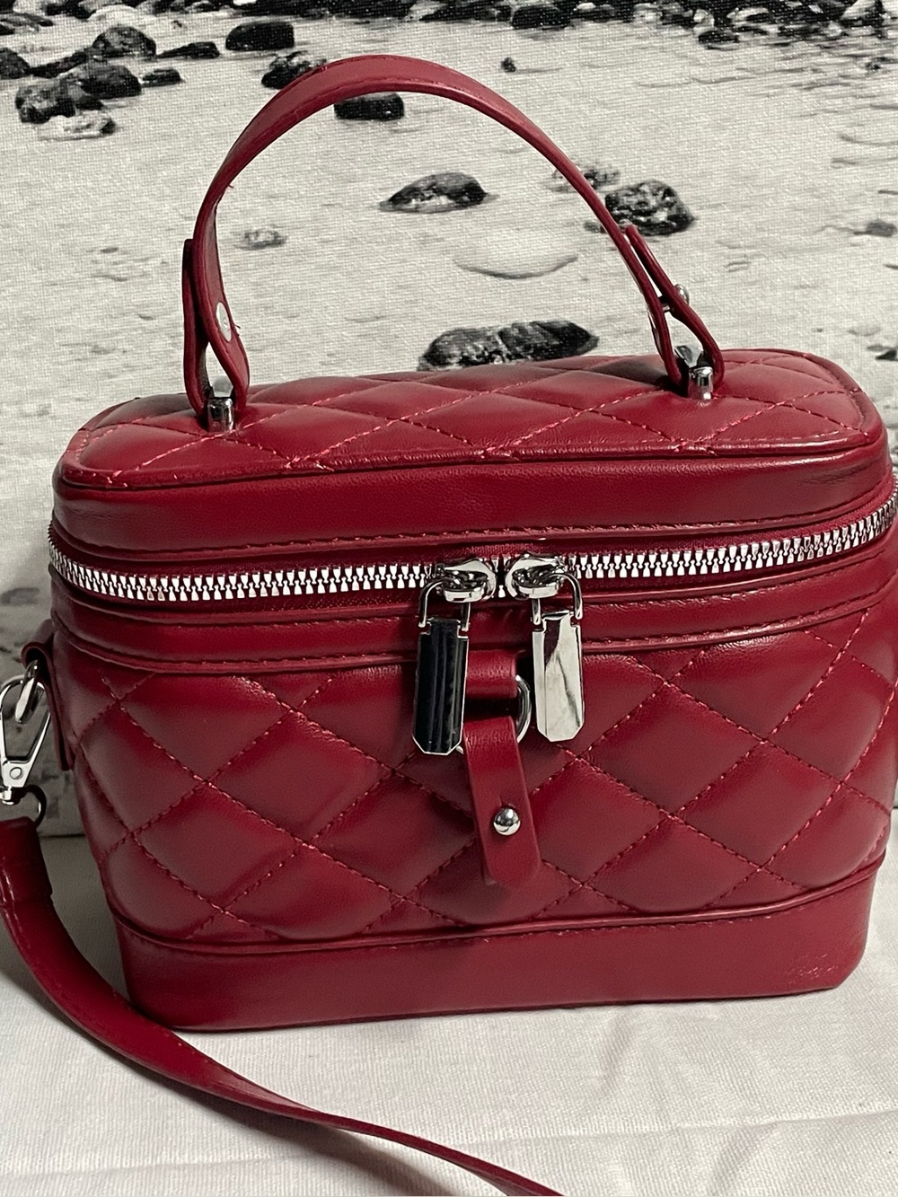 Quilted PU Red Top-Handle Crossbody Bag